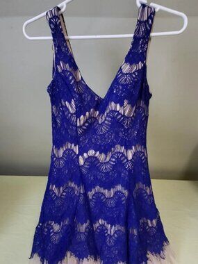 Tank Dress size 3/4 Blue Lace over Beige Back Zipper V Back B Darlin Ch 32"